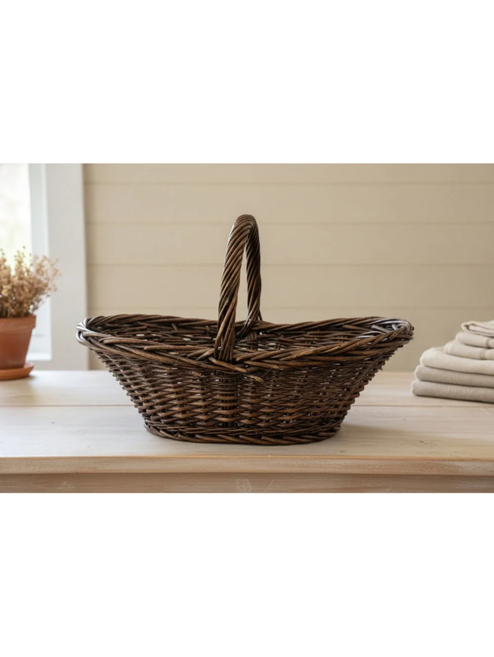Vintage Handwoven Dark Wicker Rattan Large Flare Shaped Harvest Basket 10